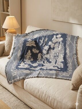 Woven Blue and Cream Decorative Throw Blanket